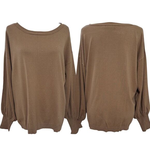 New York & Company Women's Tan Knit Sweater Top Sparkle Balloon Sleeves Sz XL - Picture 2 of 9